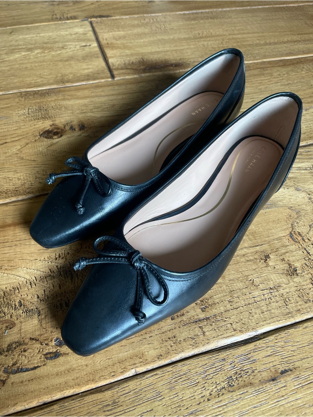 Cole Haan Black Leather Bow Square-Toe Ballet Flats